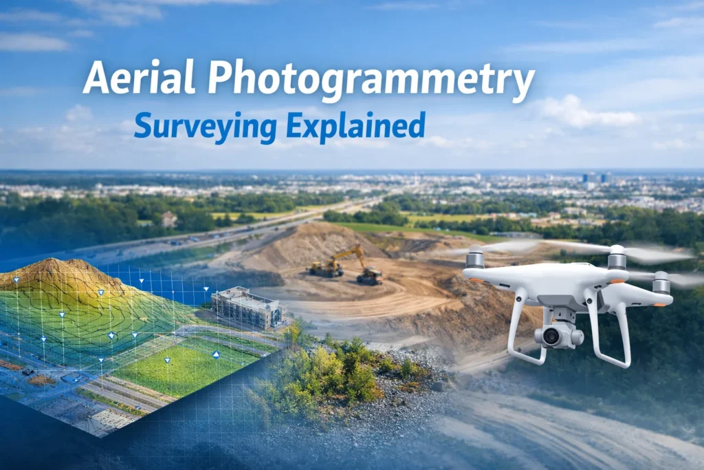 Aerial photogrammetry surveying using a drone to map a construction site with 3D terrain data