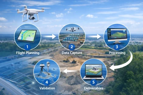 Aerial photogrammetry surveying workflow showing flight planning, data capture, processing, and deliverables