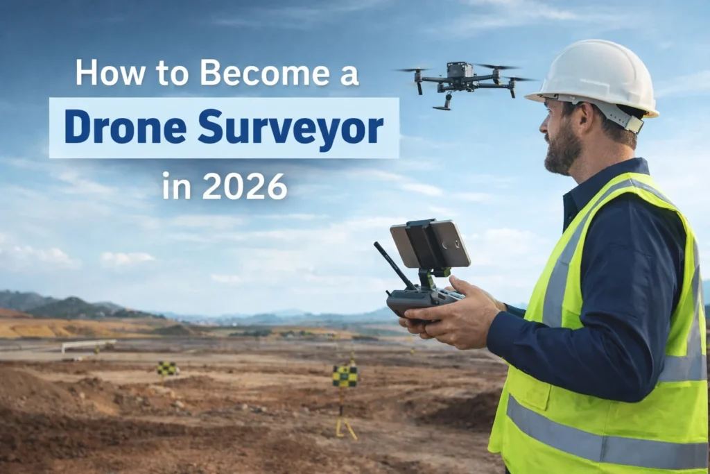 Professional pilot flying an RTK drone on a construction site showing how to become a drone surveyor