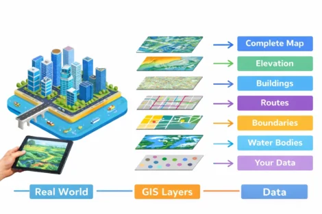 graphic of advanced GIS mapping via drones explaining GIS layers from real world data to map outputs