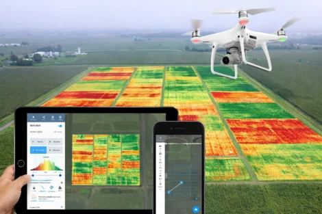 illustration of advanced GIS mapping via drones capturing agricultural field data with aerial sensors