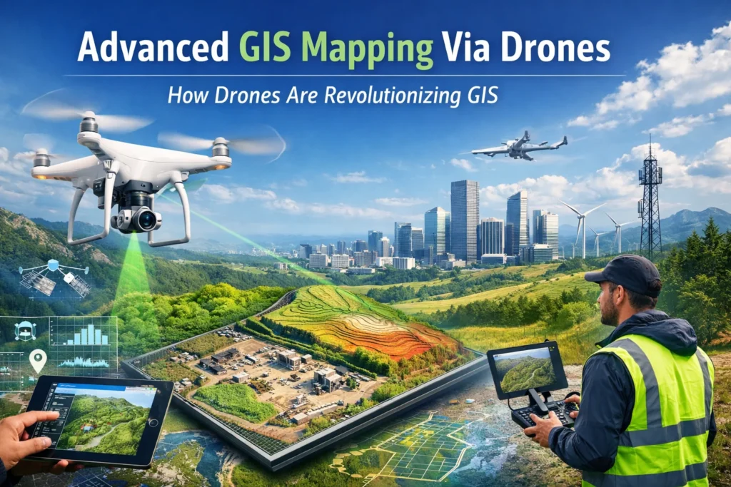 illustration of advanced GIS mapping via drones showing aerial data collection and 3D terrain modeling