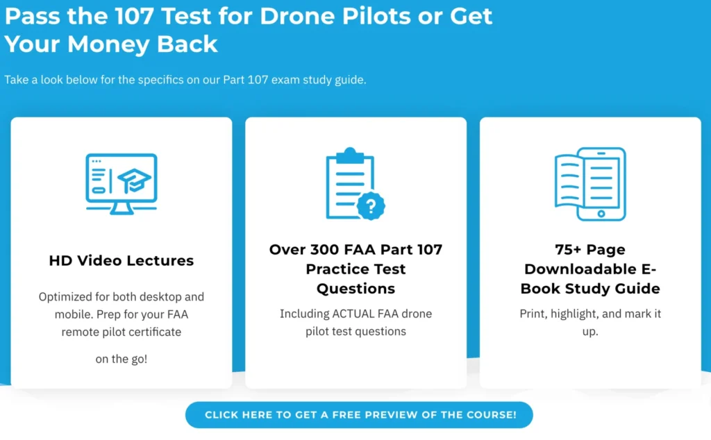 Graphic showing Drone Launch Academy's FAA Part 107 prep course features