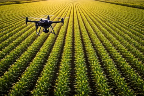 Image of a drone flying over crop rows showing the advantages of drones in precision farming