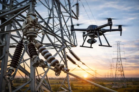 Image of a drone inspecting a high-voltage power line tower at sunset