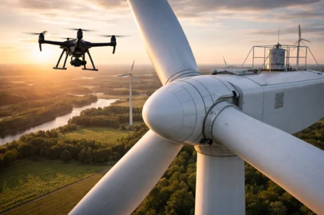 Image of a drone inspecting a wind turbine blade at height over a rural landscape