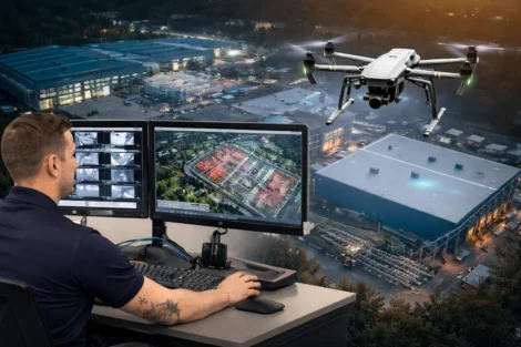 Image of a drone operator monitoring a commercial facility at night using live aerial feeds
