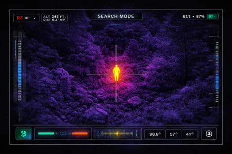 Image of a drone thermal camera detecting a heat signature in a forest during a search and rescue operation