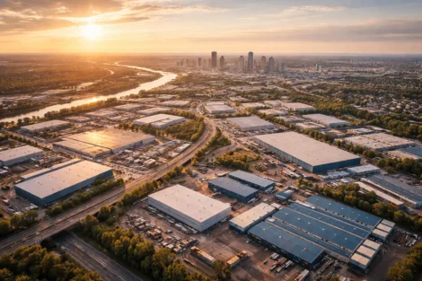 Image of an aerial view of a commercial and industrial district showing the advantages of drones for business