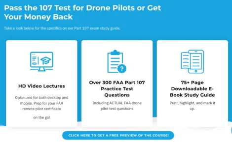 Part 107 drone pilot exam prep course page featuring video lectures, practice questions, and a downloadable study guide