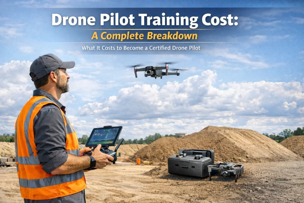Photo of drone pilot flying quadcopter outdoors illustrating drone pilot training cost and career path