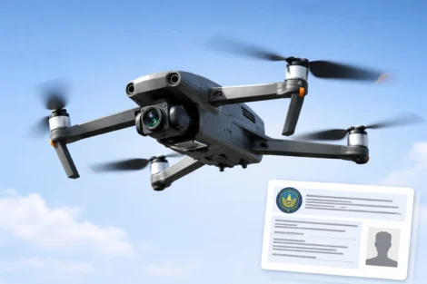 Quadcopter drone in flight against a blue sky with a pilot certification card graphic in the foreground