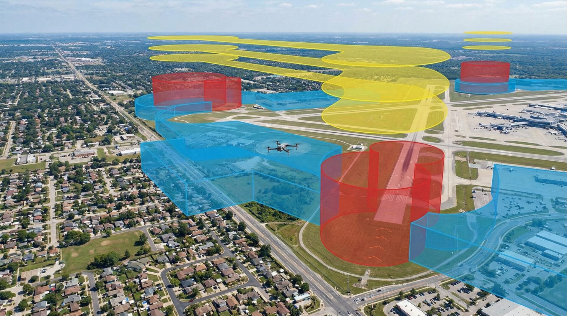 Aerial view showing color-coded controlled airspace zones near an airport with a drone