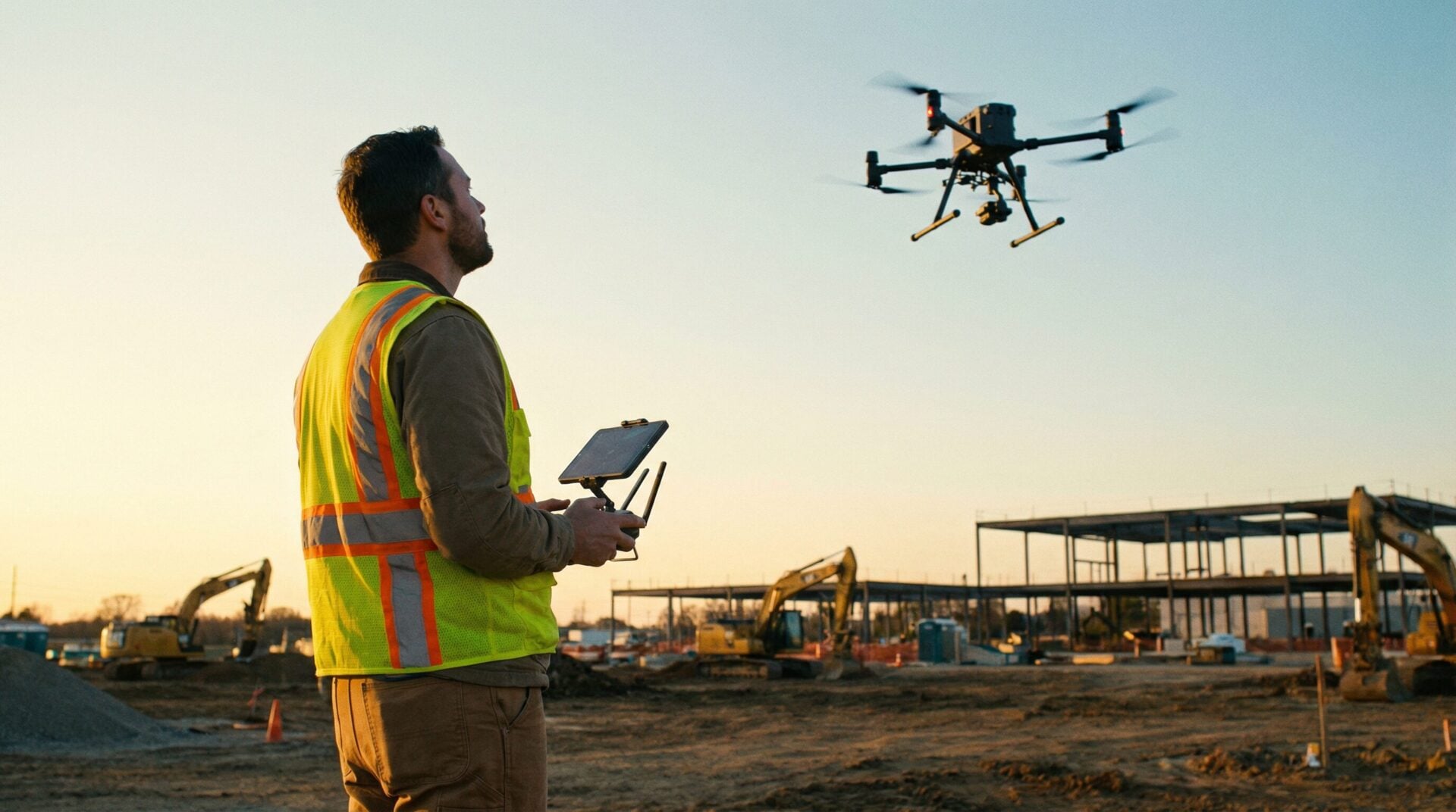 Commercial drone pilot in safety vest operating a drone at a construction site