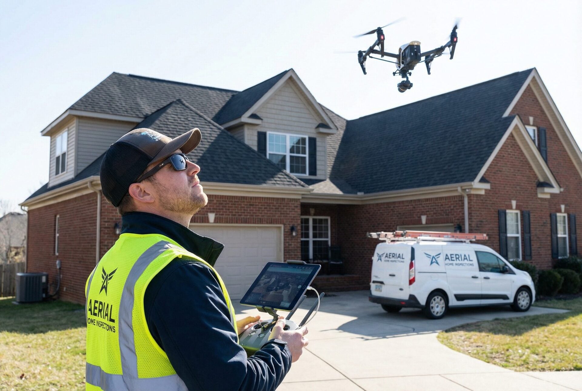 A certified drone pilot operating a drone for a residential roof inspection