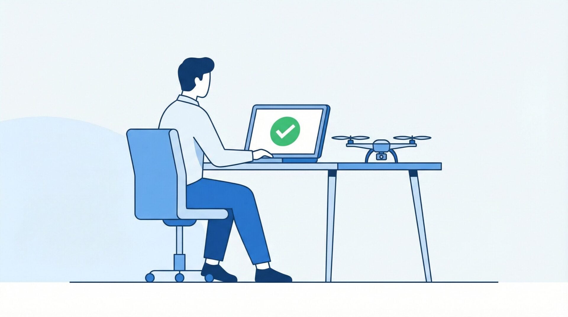 Person registering a drone on a laptop with a quadcopter on the desk