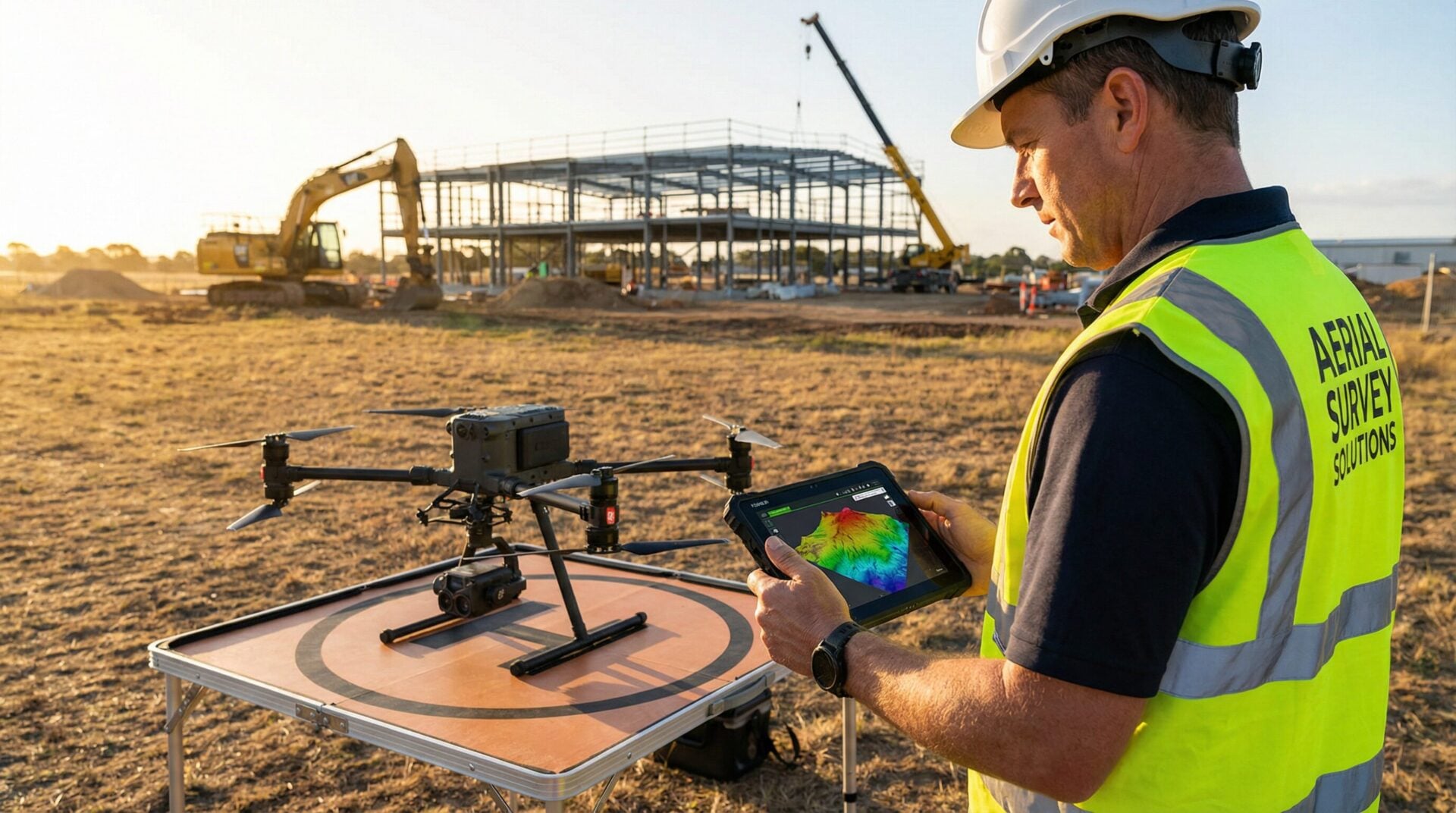 Professional drone pilot reviewing 3D terrain model on tablet at a construction site