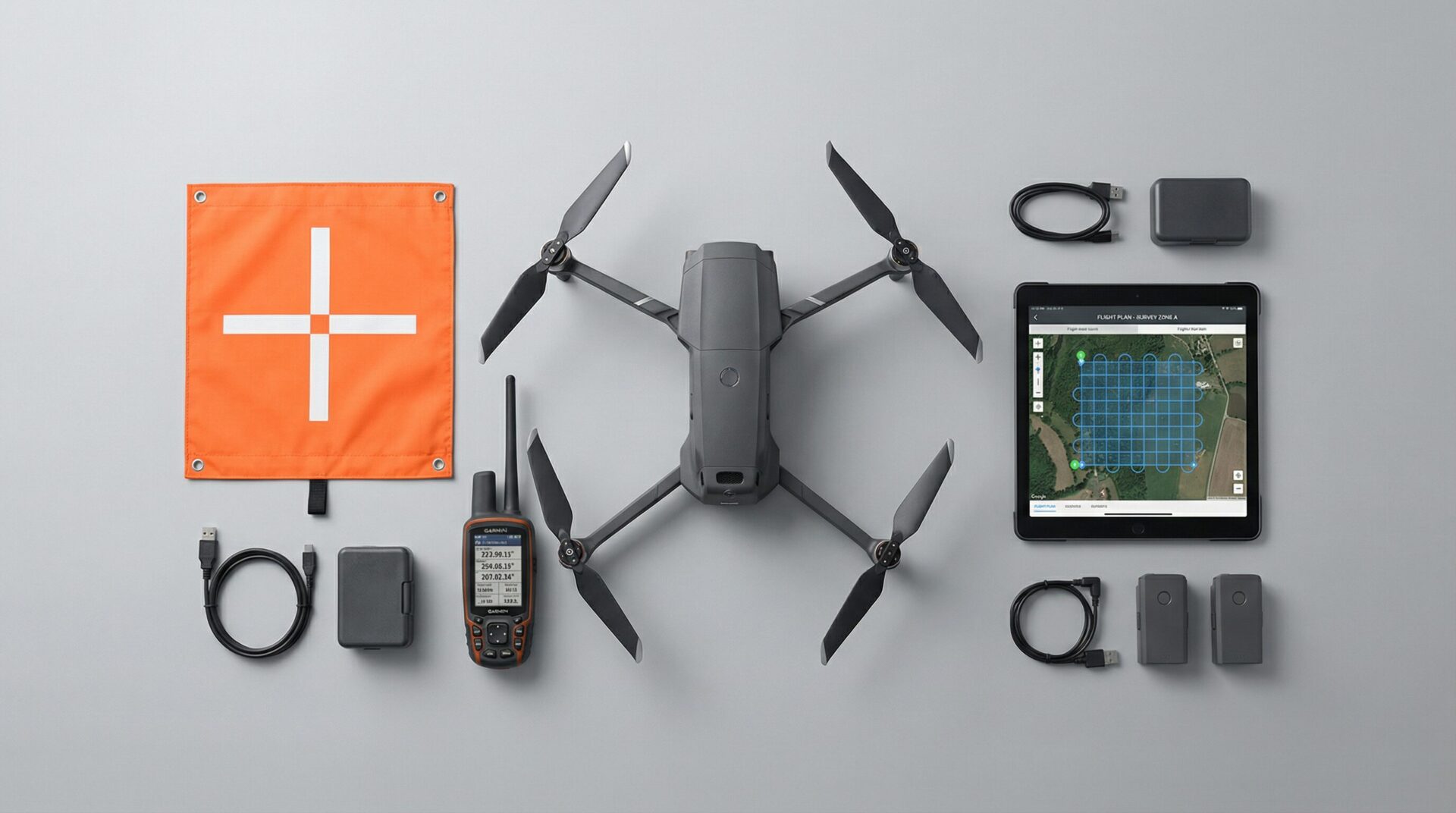 Drone survey equipment flat lay including drone, tablet with flight planning software, GCP target, and GPS receiver