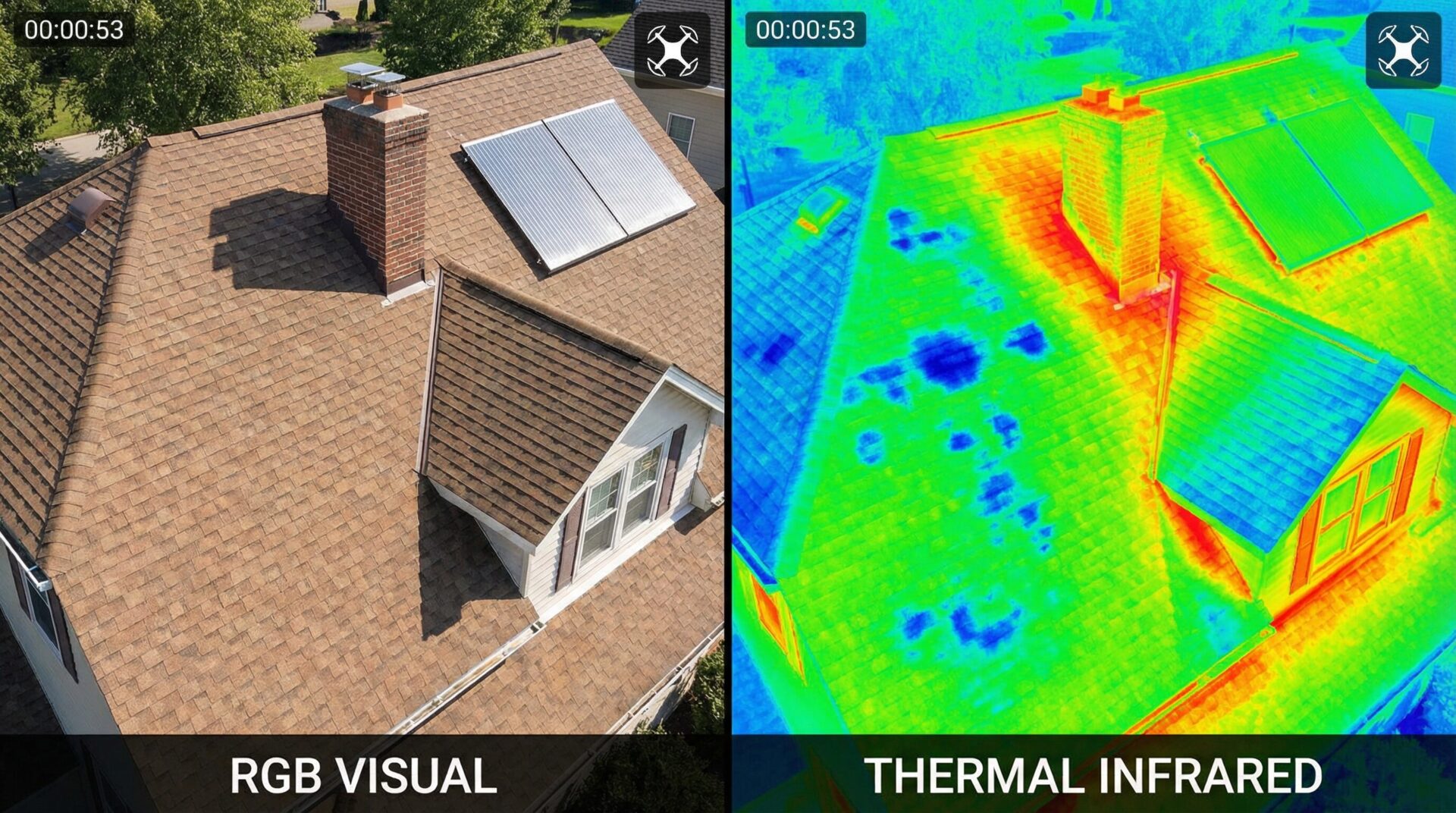 Split-screen comparison of RGB visual and thermal infrared drone roof inspection imagery