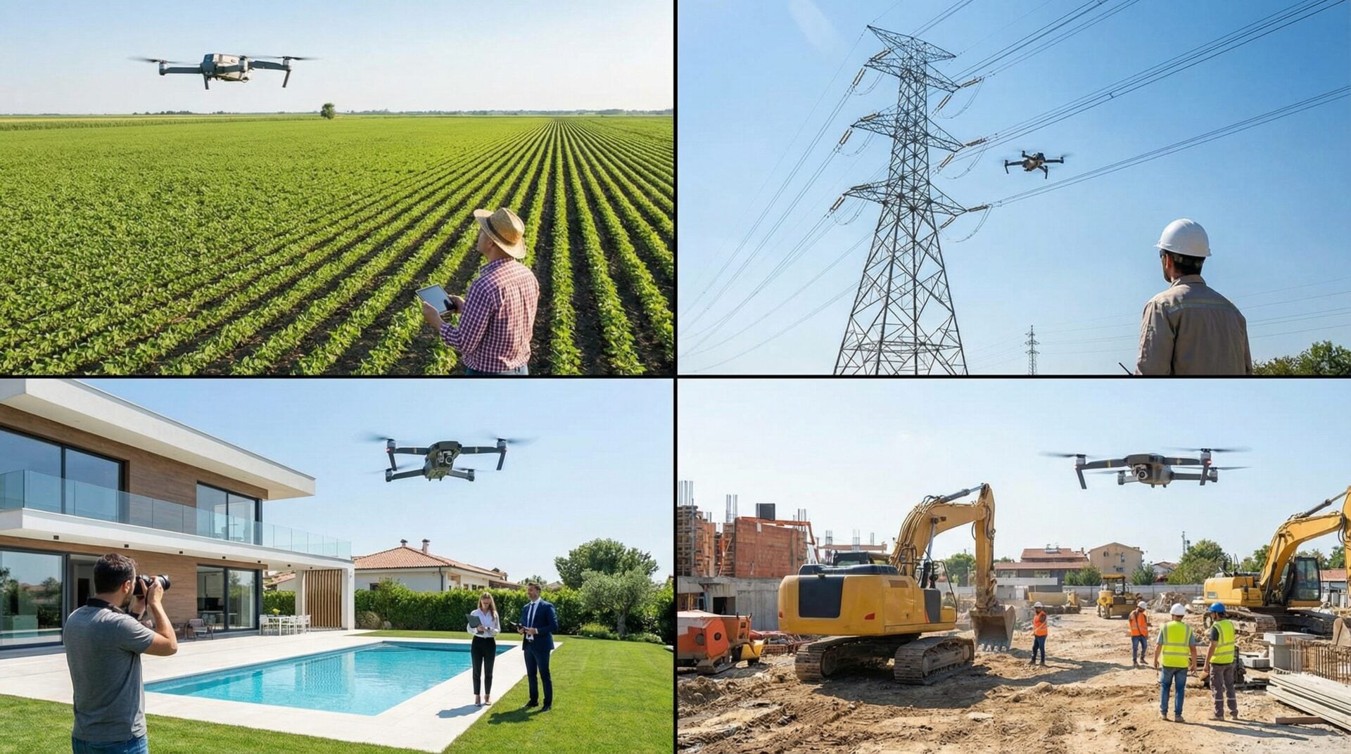 Four drone pilot job industries: agriculture, utilities, real estate, and construction