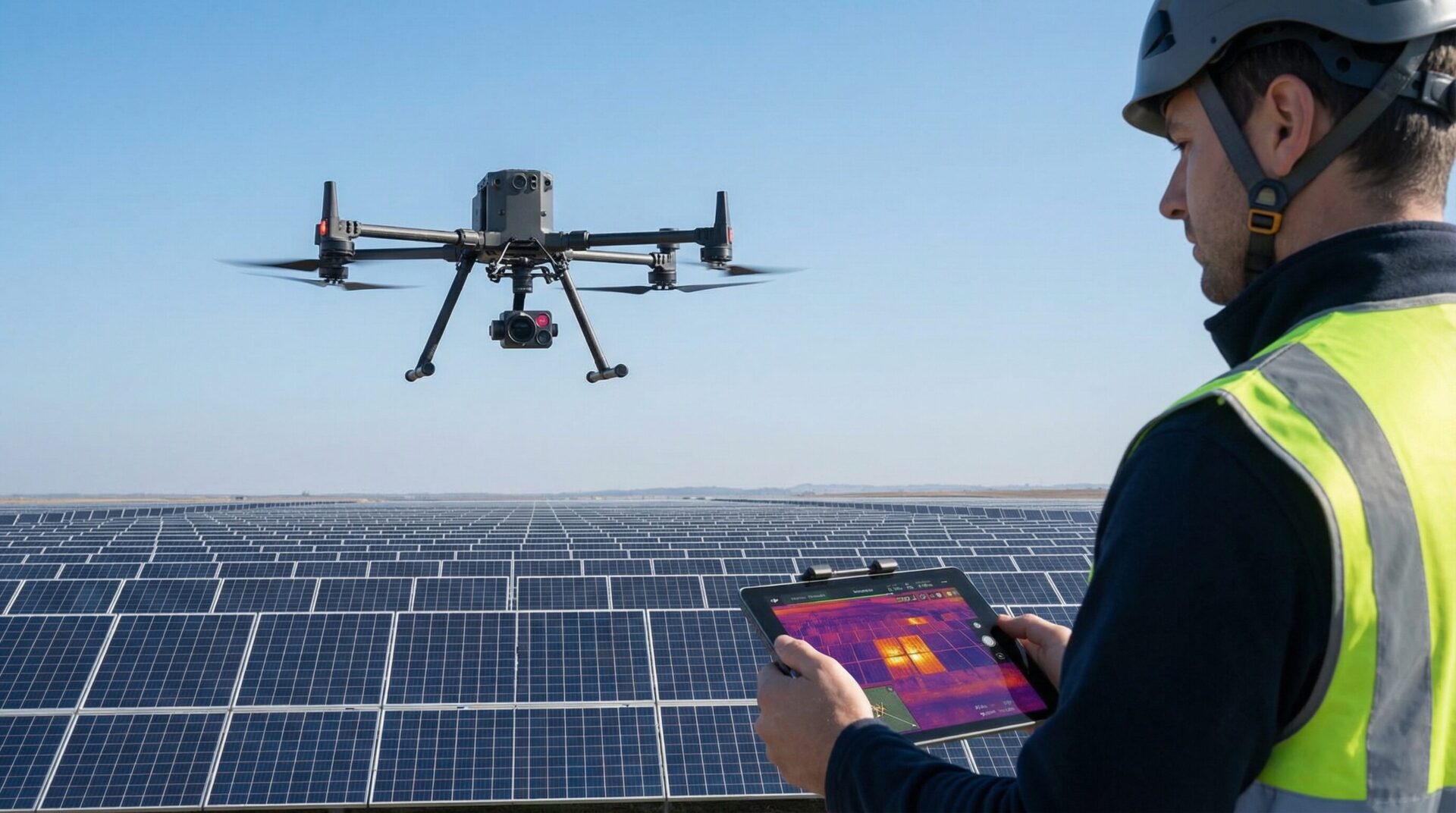 Drone pilot performing thermal inspection at a solar farm