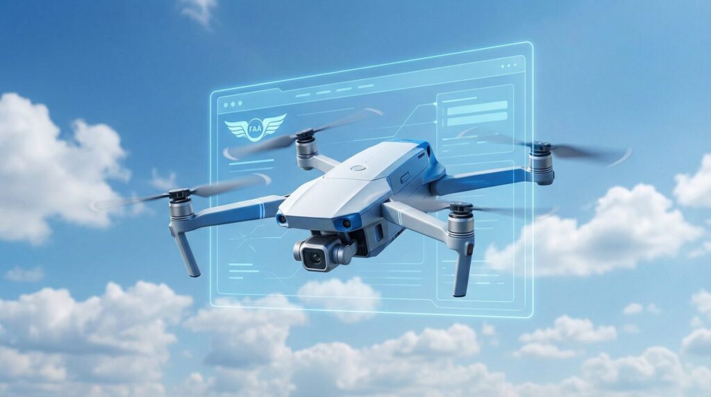 FAA DroneZone drone registration guide - drone hovering with digital dashboard overlay