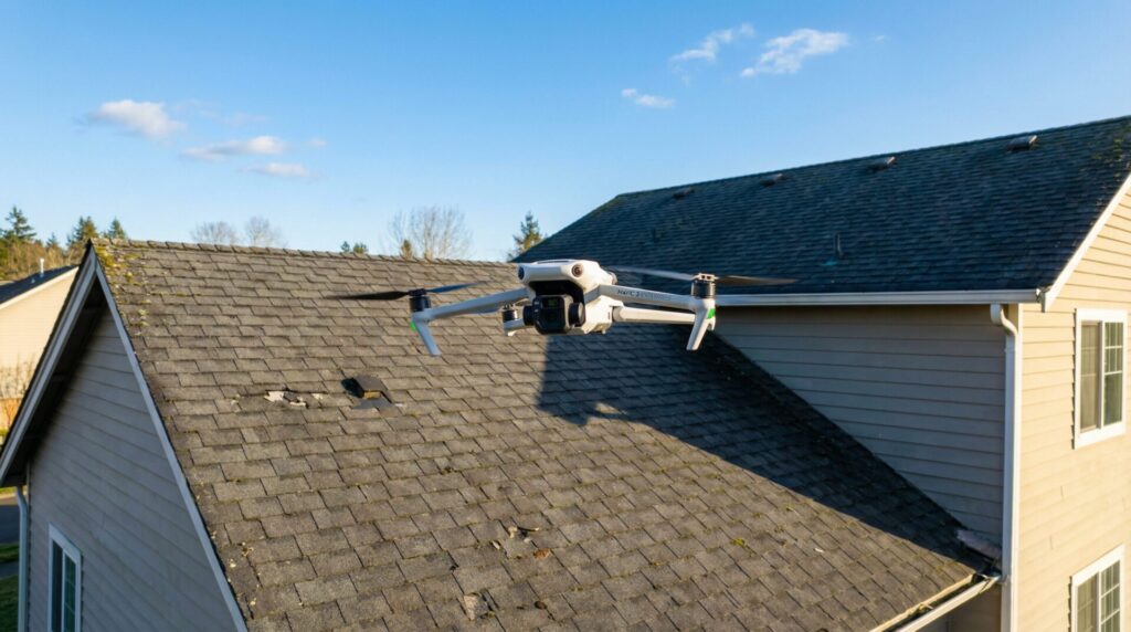 A professional drone hovering above a residential roof during a drone roof inspection