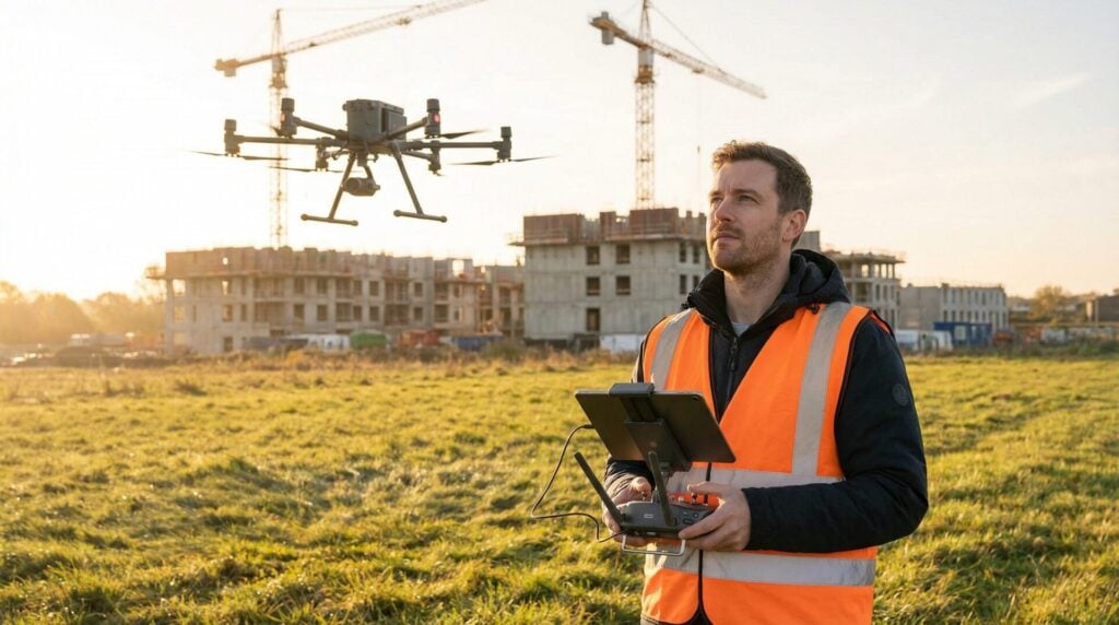 Drone pilot operating a commercial drone at a construction site