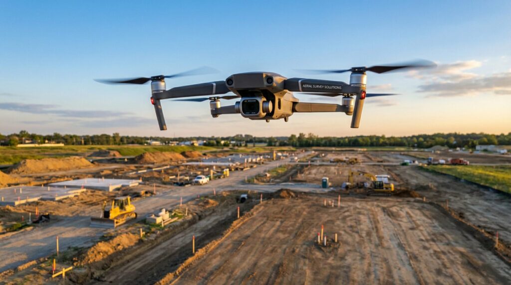 A commercial drone flying over a construction site performing an aerial survey