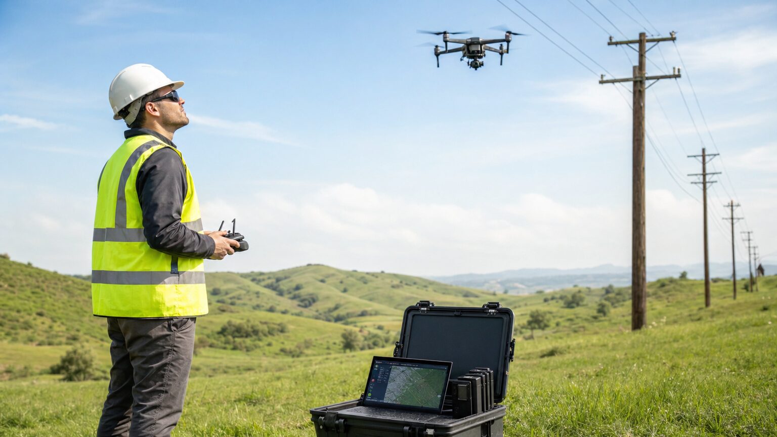 A professional drone pilot in safety gear operating a commercial drone near utility poles for power line inspection