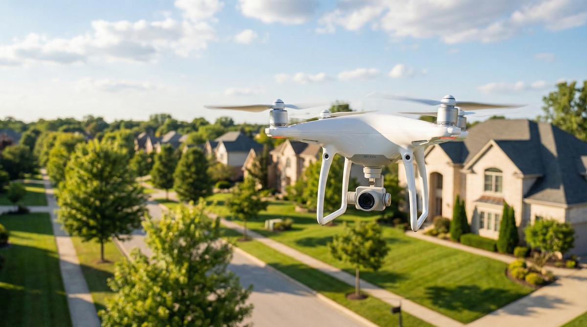 Camera drone hovering over a residential neighborhood for real estate photography