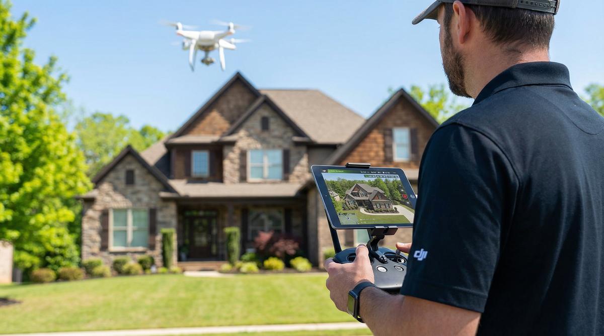 Professional drone pilot operating controller during a real estate photography shoot