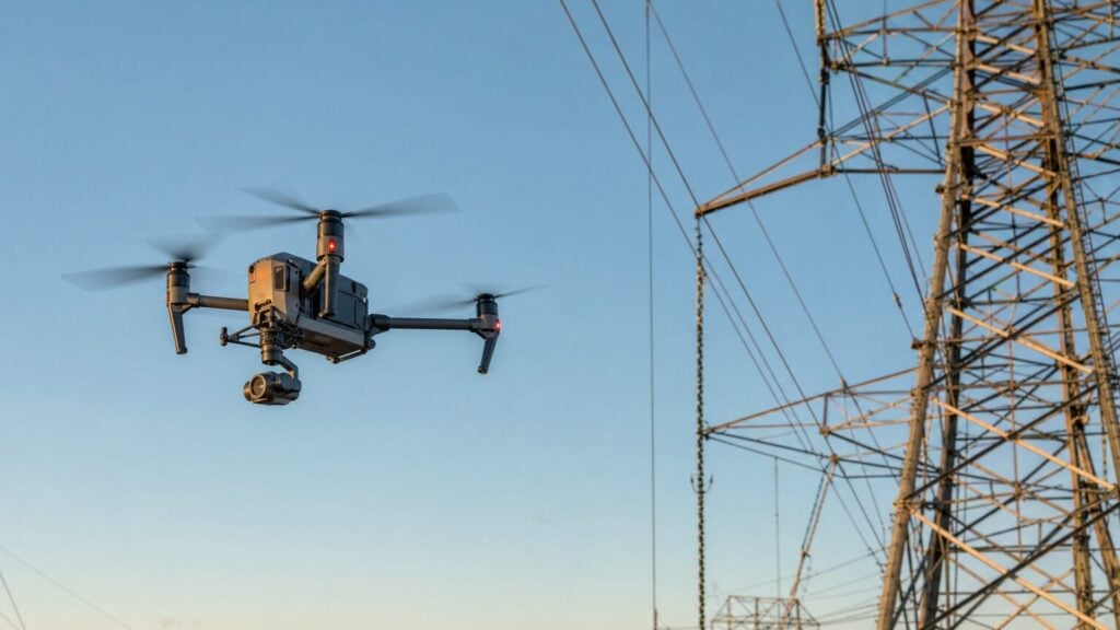 A commercial drone inspecting high-voltage transmission power lines and a steel lattice tower at golden hour