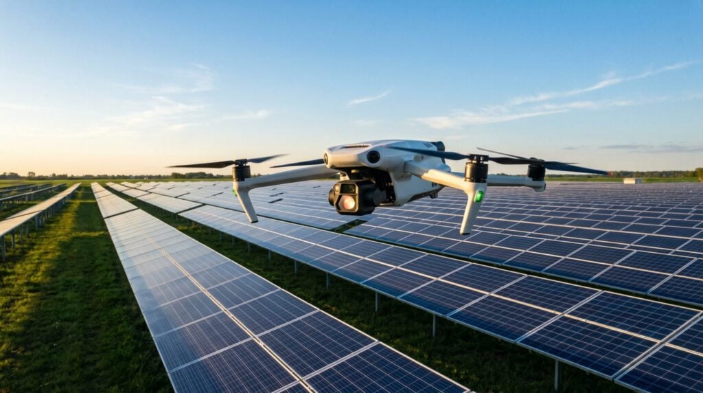 Commercial drone flying over solar panel farm performing thermal inspection