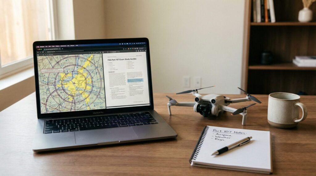 Part 107 study guide materials with drone and laptop on desk