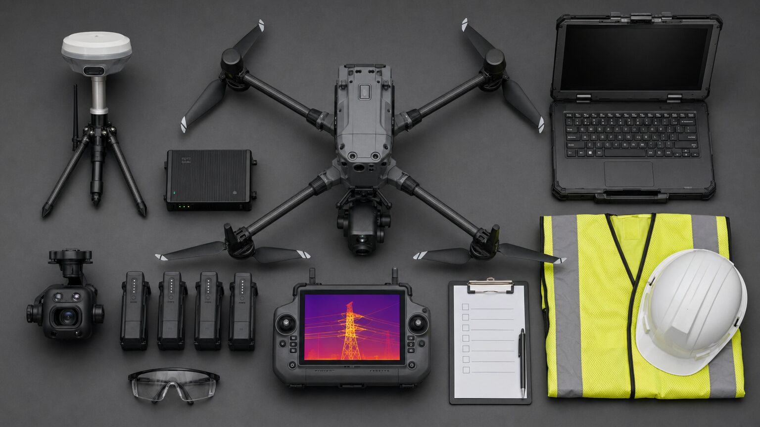 Flat lay of professional drone power line inspection equipment including drone, thermal camera, controller, batteries, and safety gear