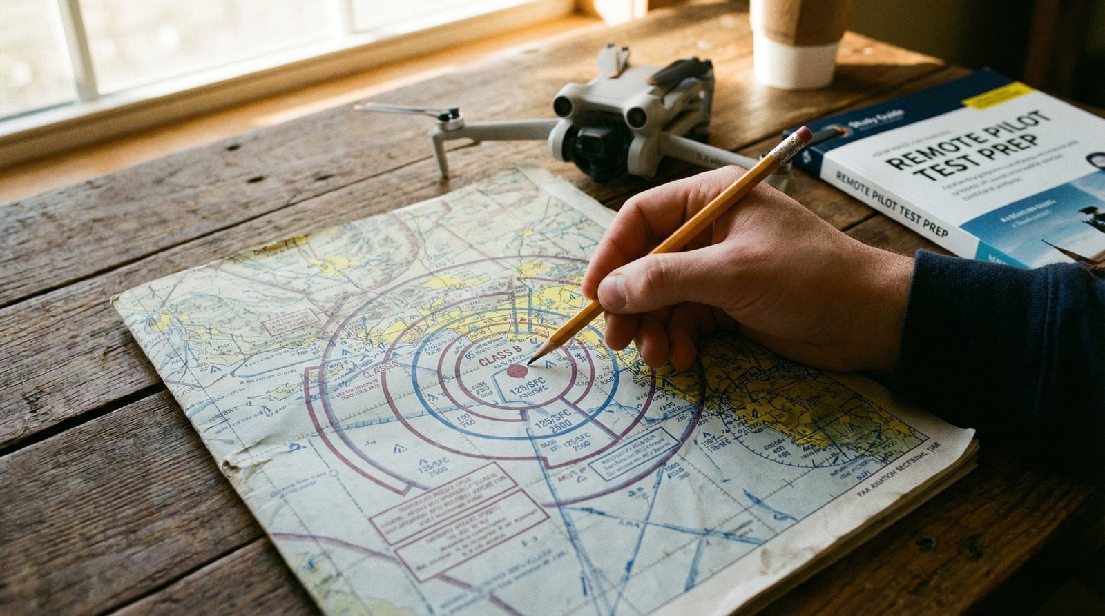 Student studying aviation sectional chart for Part 107 exam preparation