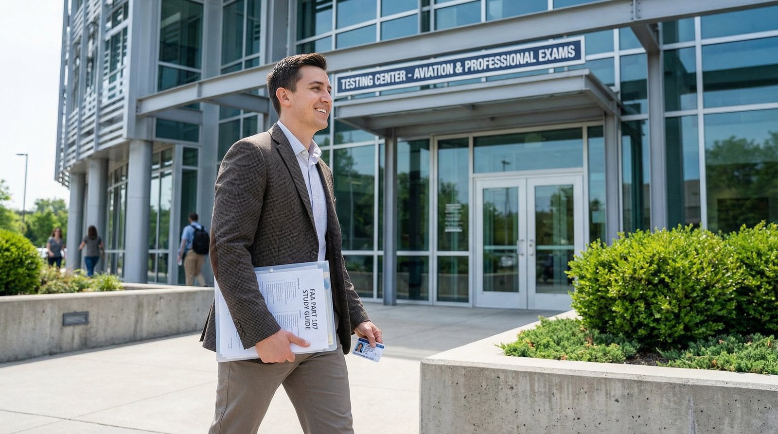 Confident drone pilot arriving at testing center for Part 107 exam