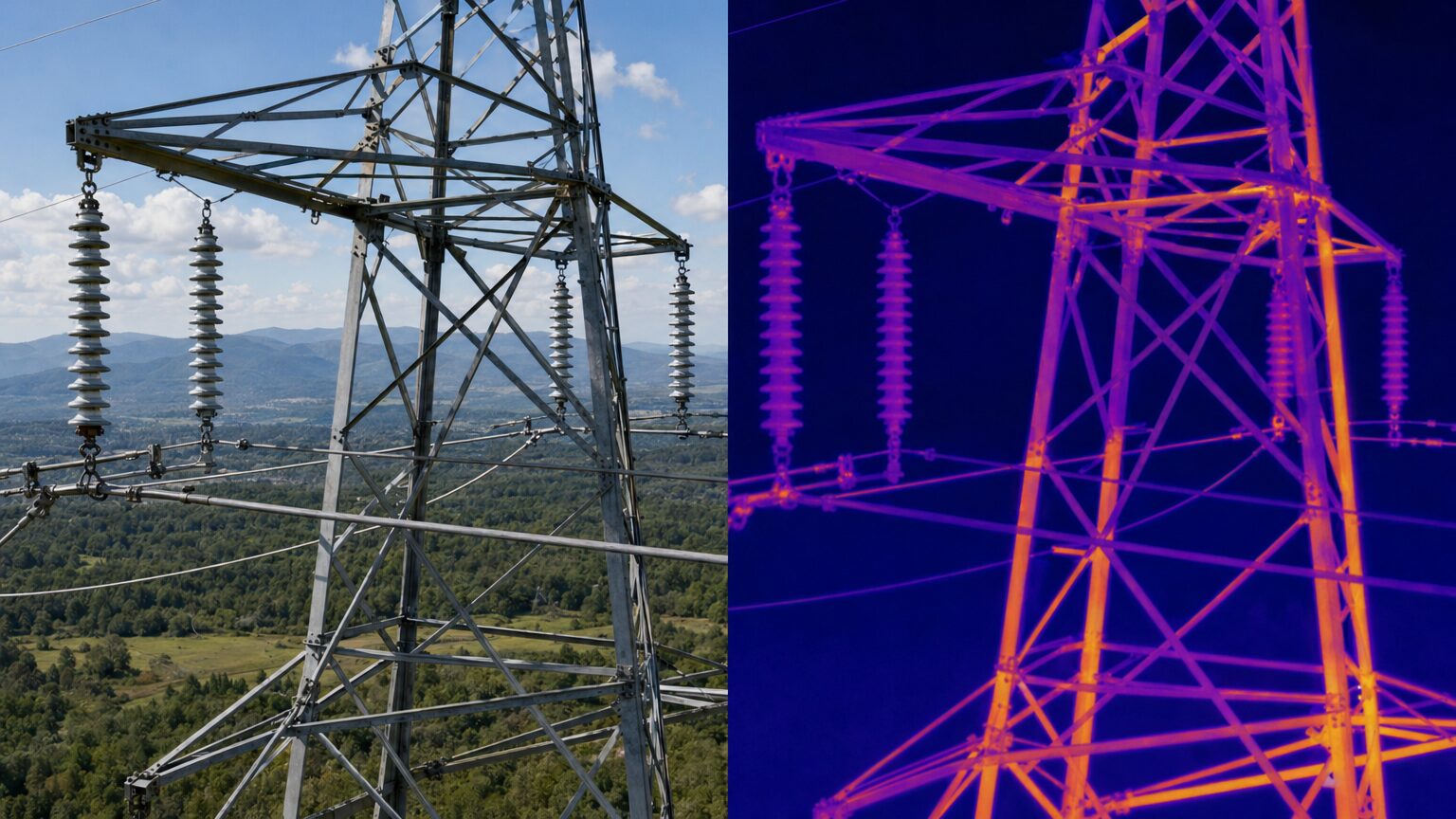 Split comparison of RGB and thermal camera views during a drone power line inspection showing hot spots on insulators