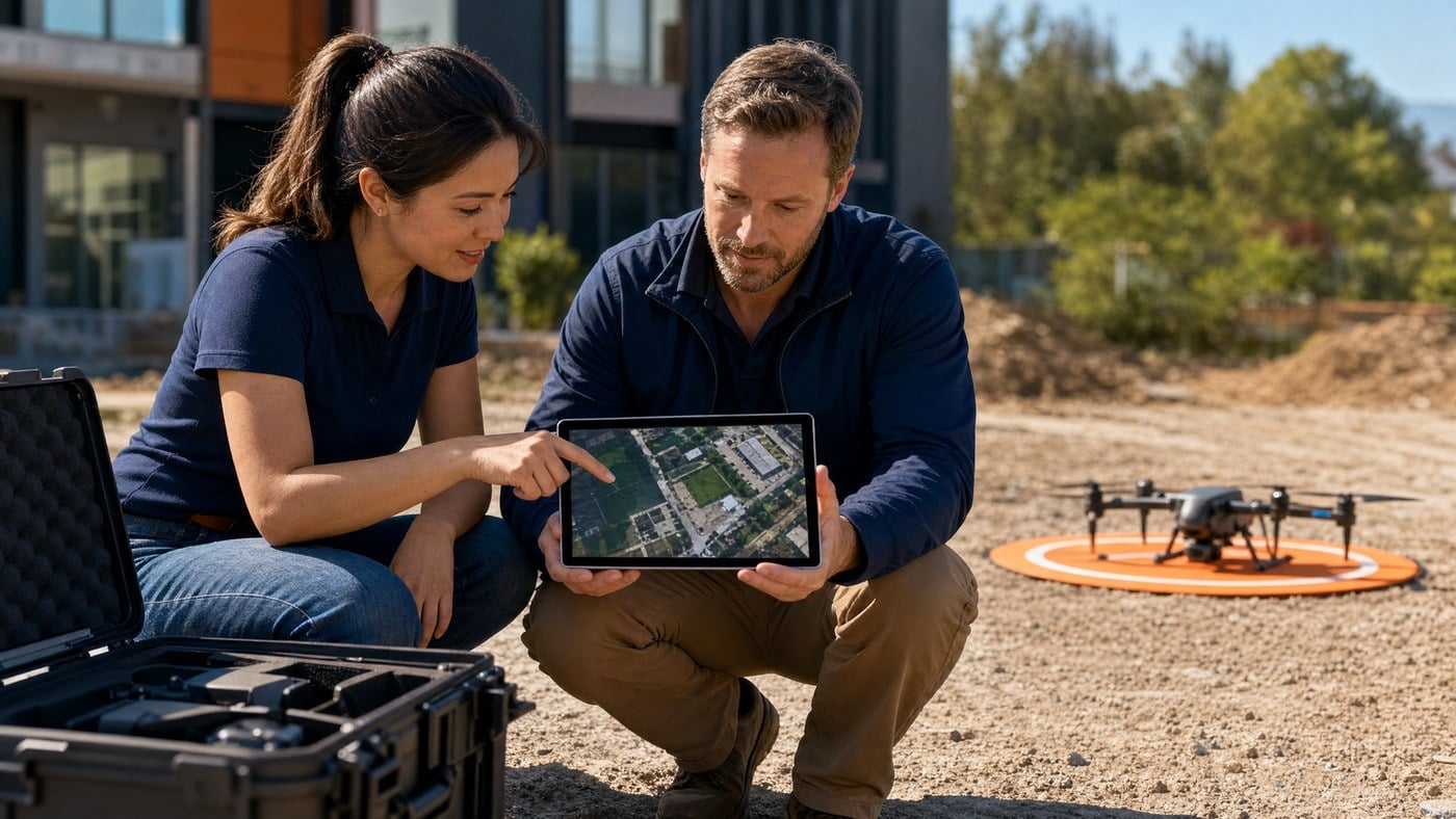 Drone pilot showing aerial mapping deliverables to a potential business client