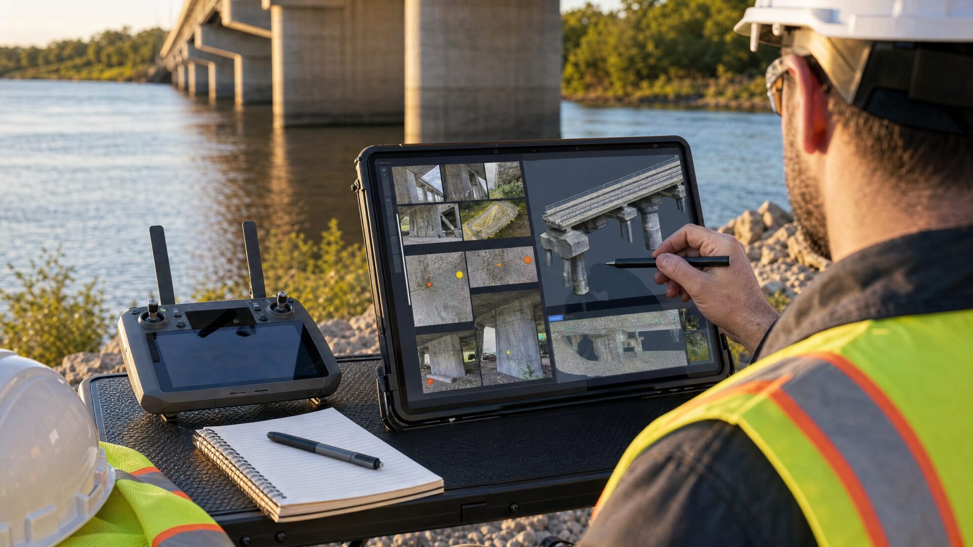 Pilot reviewing drone bridge inspection images and 3D model deliverables on a tablet