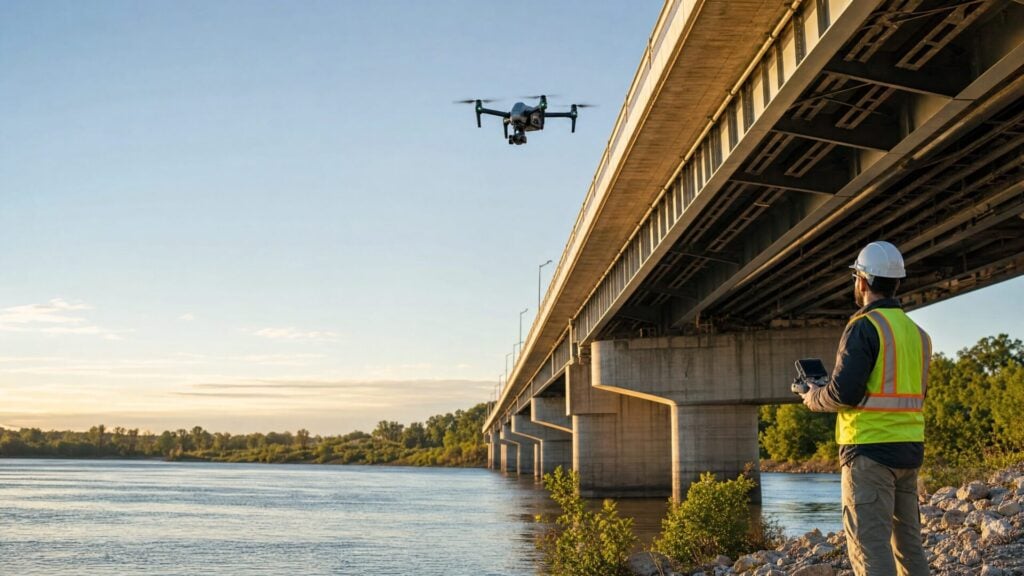 Drone pilot capturing bridge inspection imagery under a highway bridge