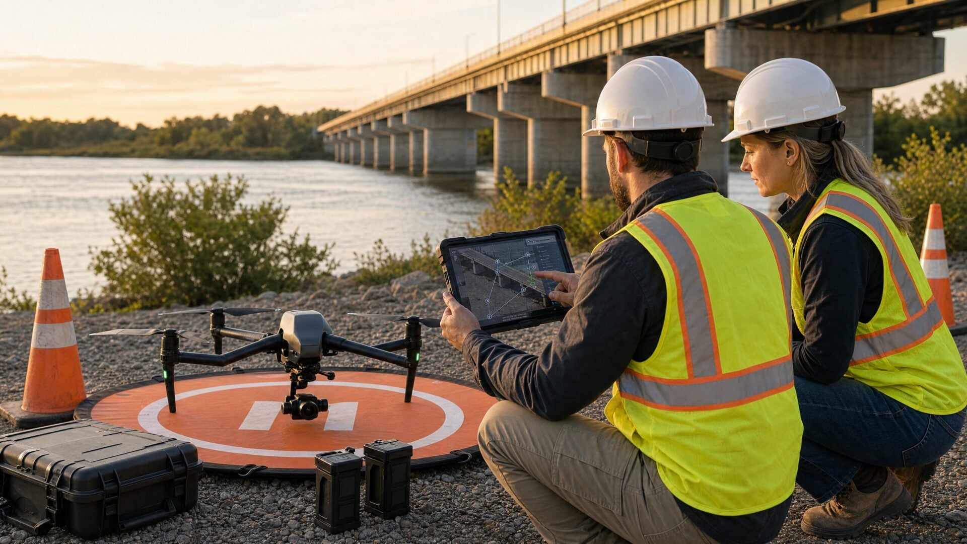 Drone inspection crew reviewing a bridge flight plan near a bridge