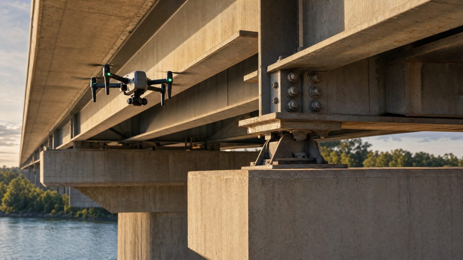Inspection drone capturing close-up imagery of girders and bearings under a bridge