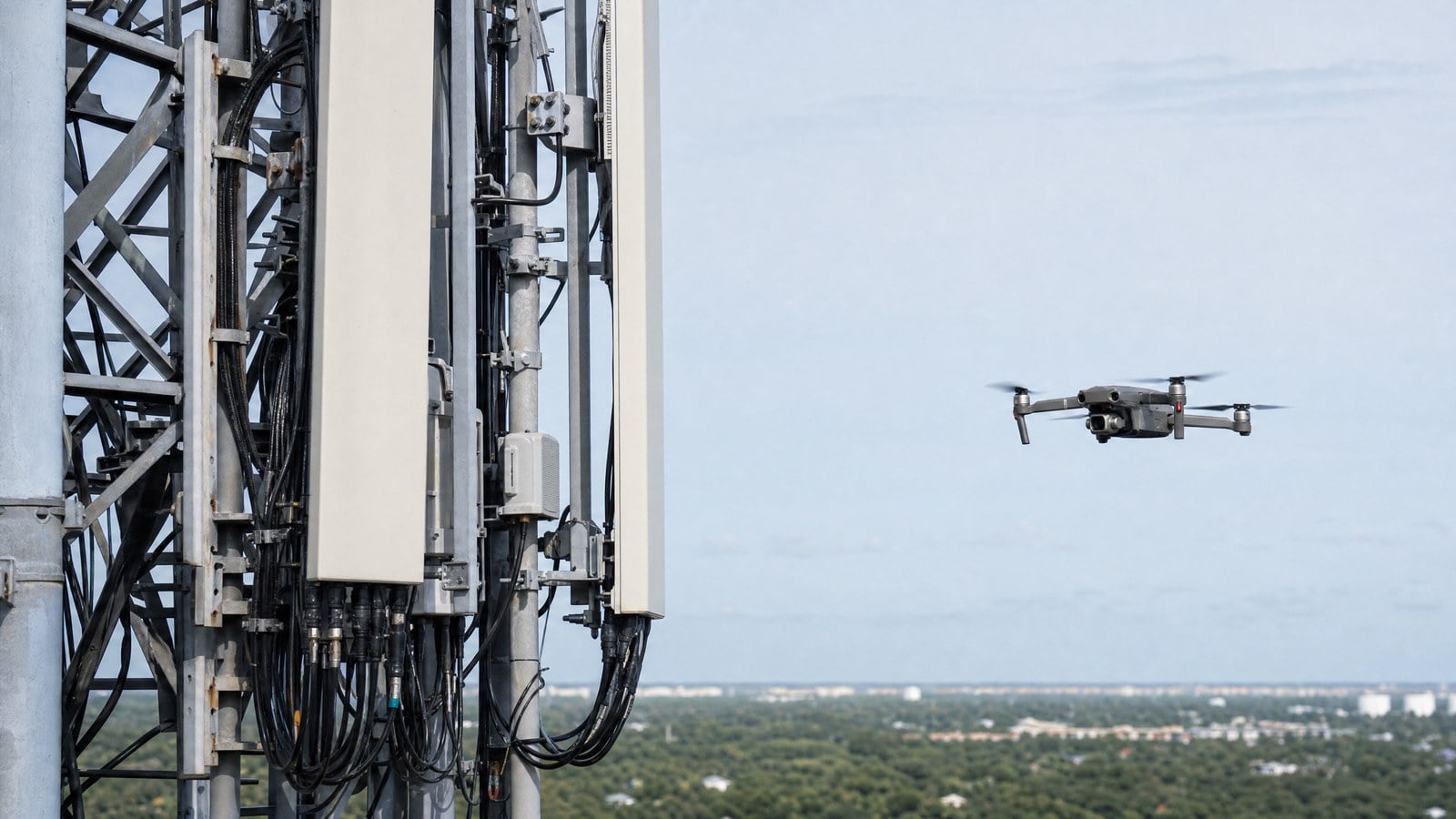 Drone camera inspecting cell tower antennas and cables