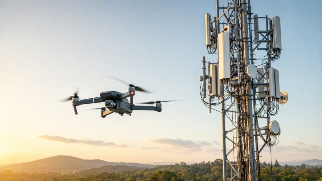 Drone inspecting a cell tower for telecom maintenance