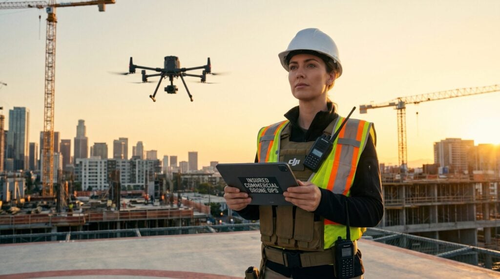 Commercial drone pilot operating a DJI Matrice 300 RTK on a construction site