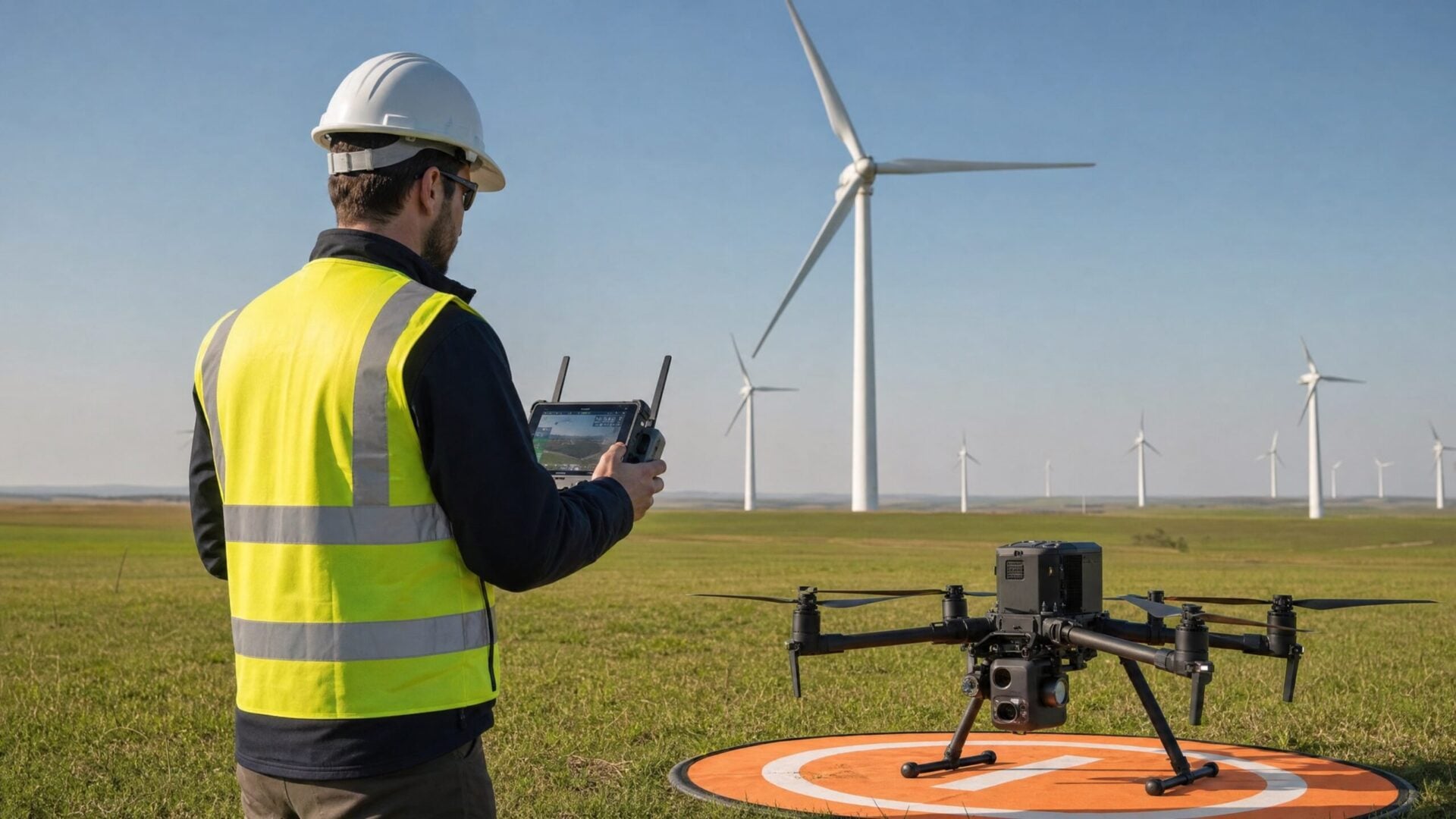 Professional drone pilot with enterprise equipment at a wind farm
