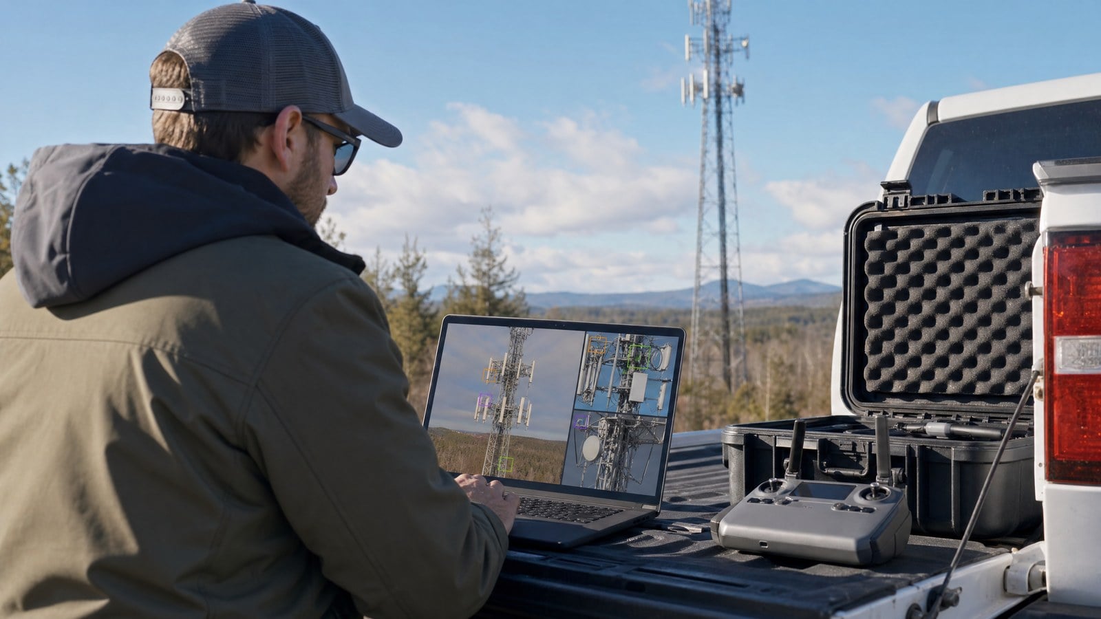 Drone pilot reviewing cell tower inspection deliverables