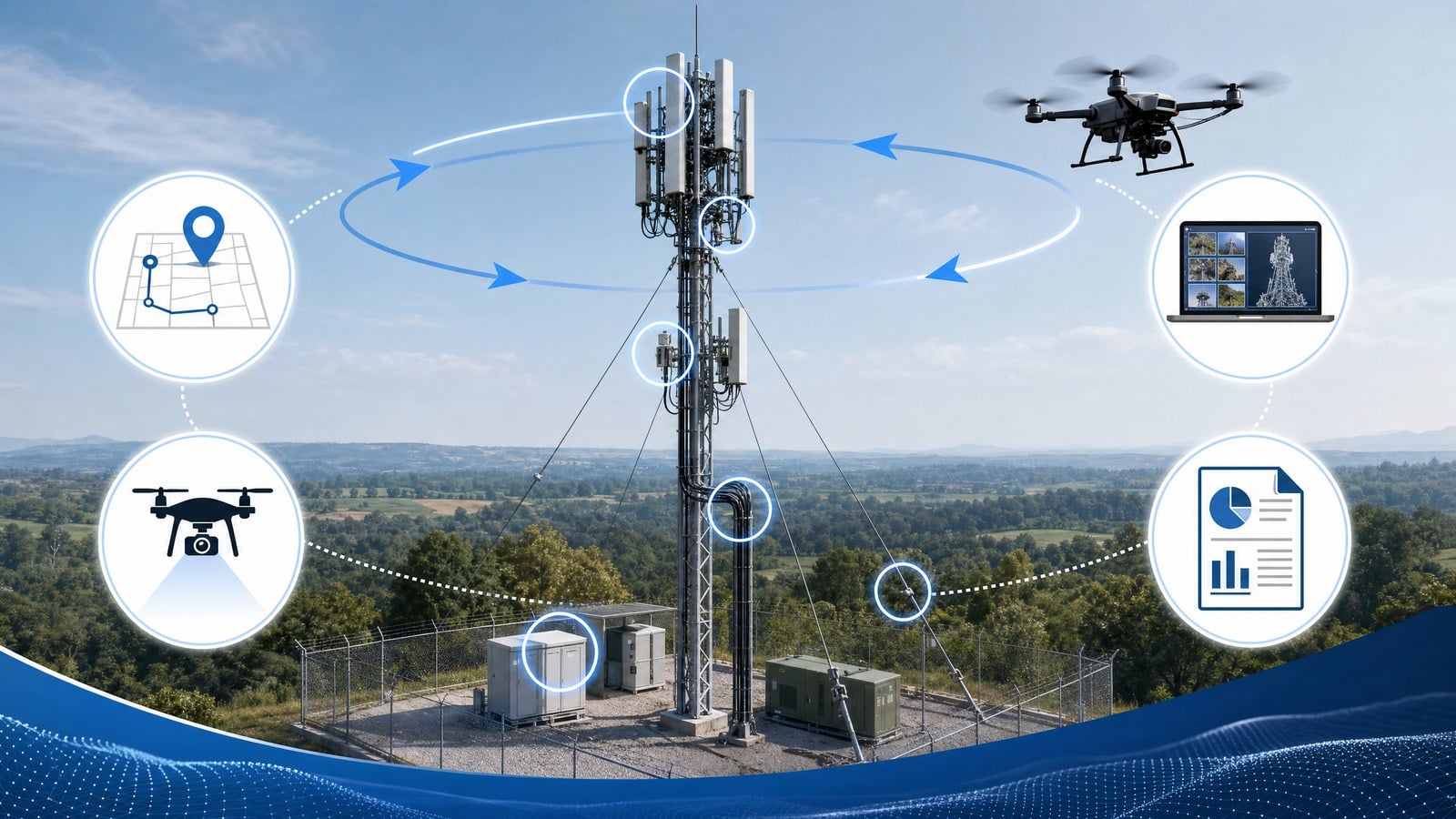 Drone cell tower inspection workflow and flight path
